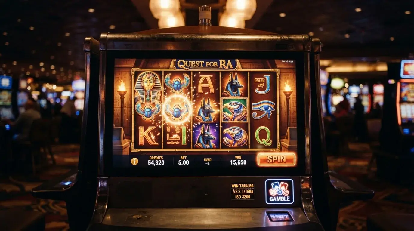 De Book of Aztec-gokkast van Amatic, met vijf rollen, Egyptisch thema en het karakteristieke gamble-icoon naast de winsttabel