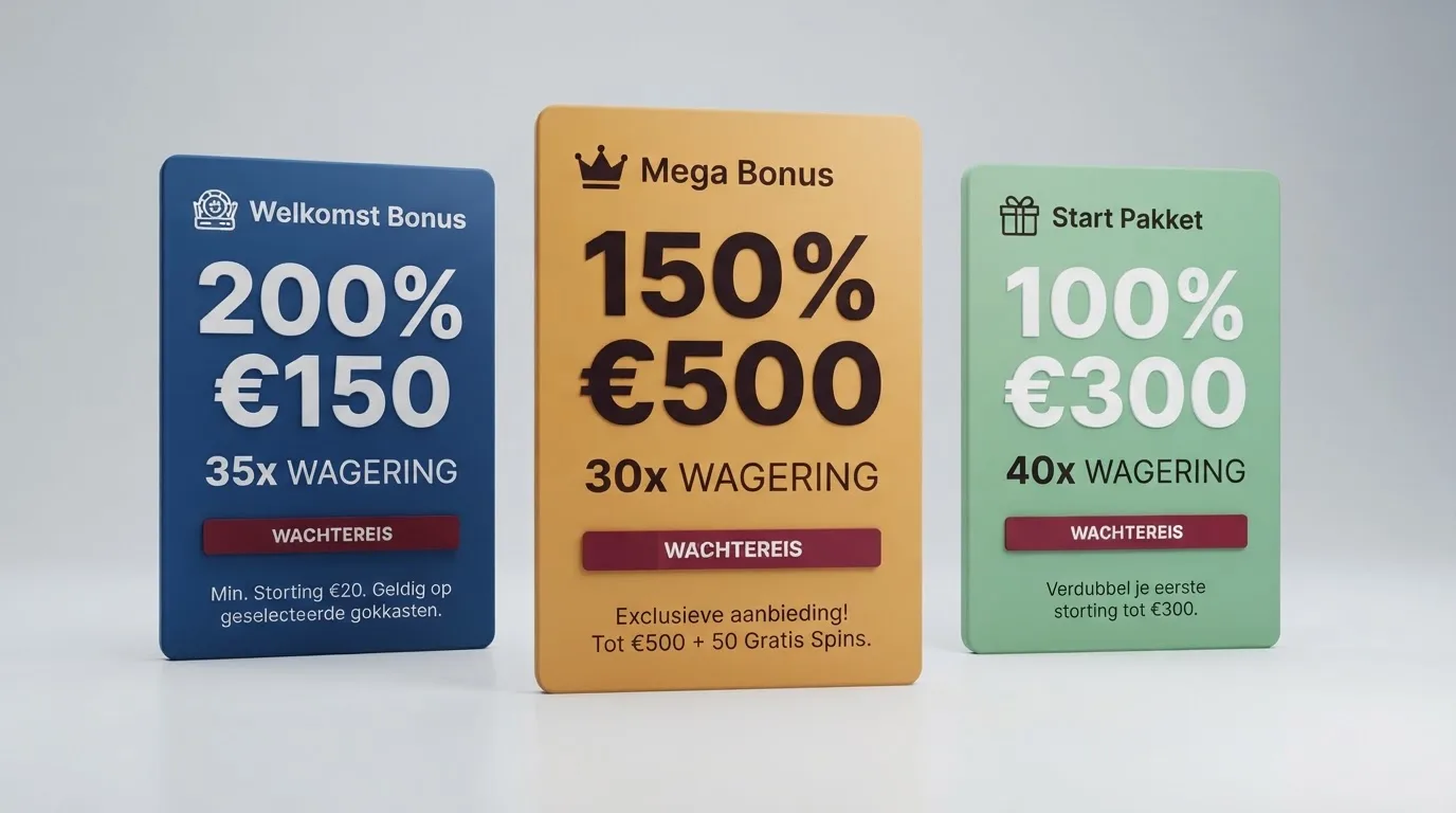 Een zij-aan-zij overzicht van welkomstbonussen bij Nederlandse online casino's, met bonusbedragen en rondspeelvoorwaarden