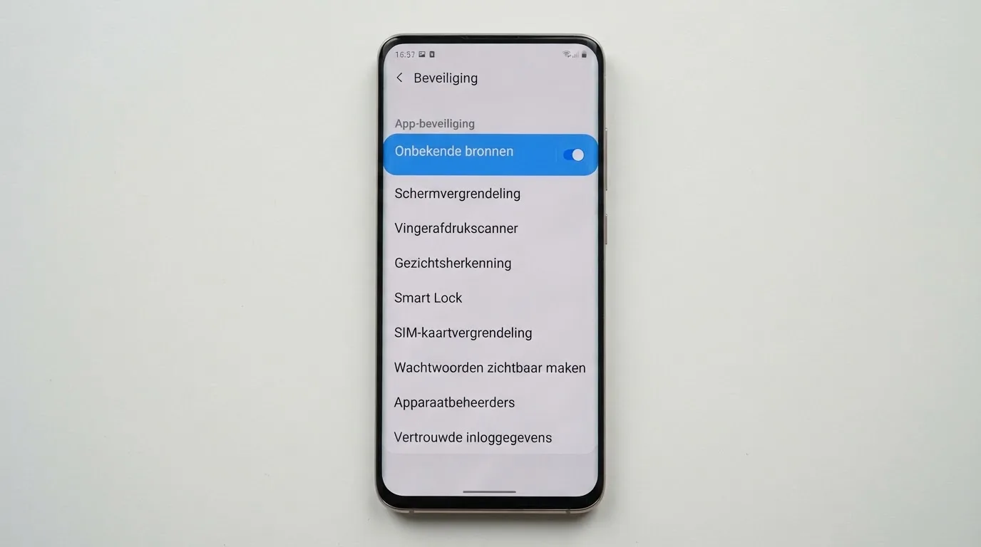 Het beveiligingsmenu van Android met de schakelaar 'Onbekende bronnen' aan.
