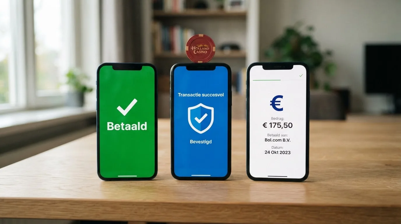 Een mobiele bankbetaling die wordt bevestigd in een bankapp, naast twee andere betaalschermen