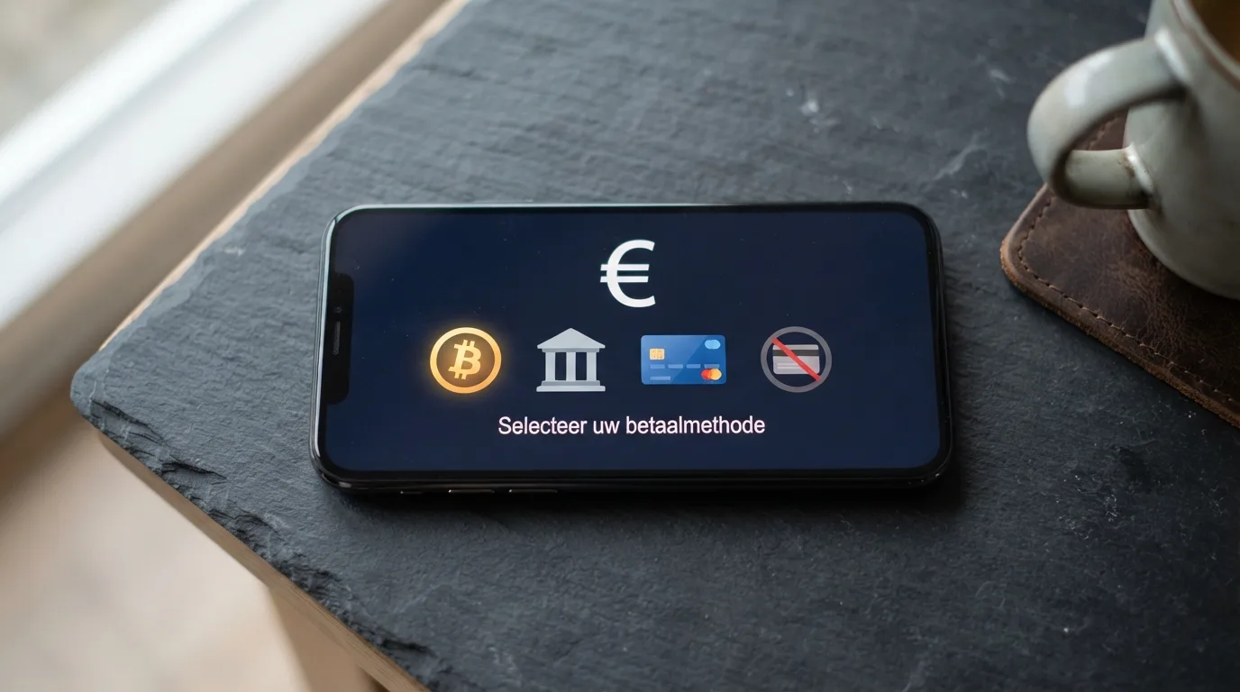 Een reeks betaaliconen — crypto, Trustly, creditcard en Sofort — op een smartphone, met iDEAL grijs en doorgestreept