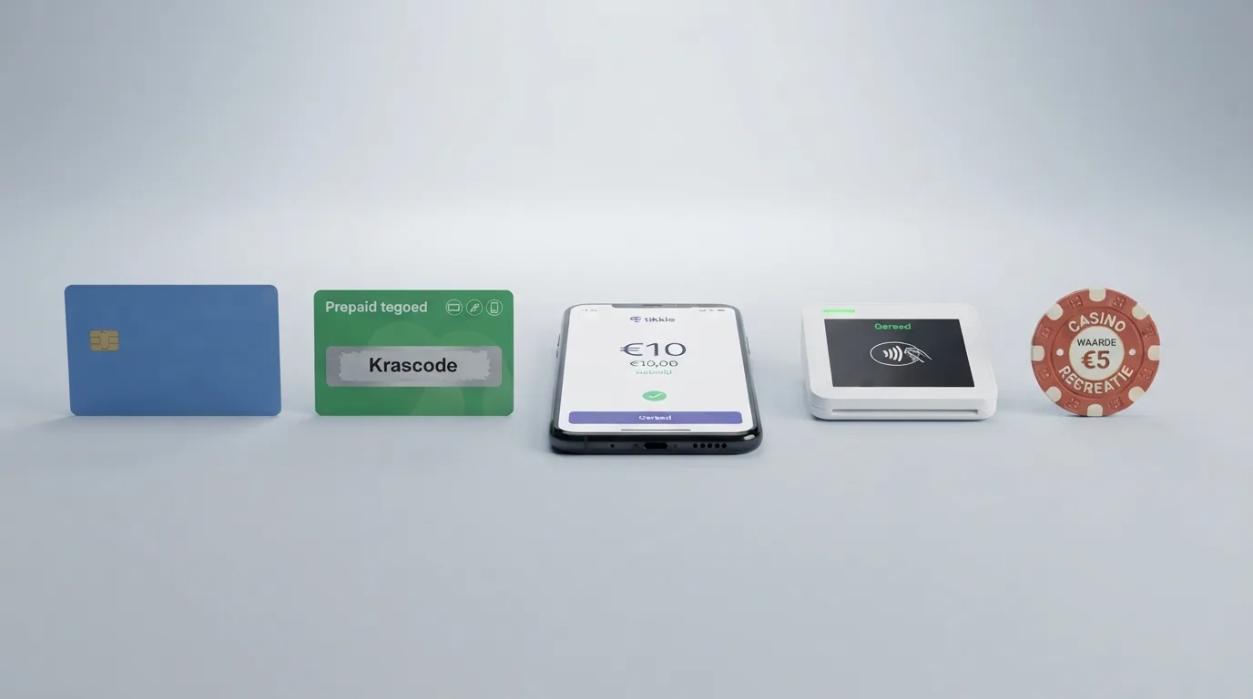 De logo's van iDEAL, PayPal, Paysafecard, Skrill en creditcard naast elkaar, met een pijl die een minimumbedrag van €10 aangeeft.