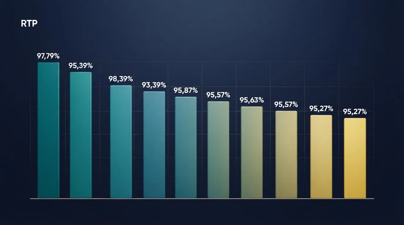 Een staafdiagram met de tien hoogste RTP-percentages onder Betsoft-gokkasten, met Good Girl Bad Girl bovenaan op 97,79% en Stampede onderaan op 95,27%