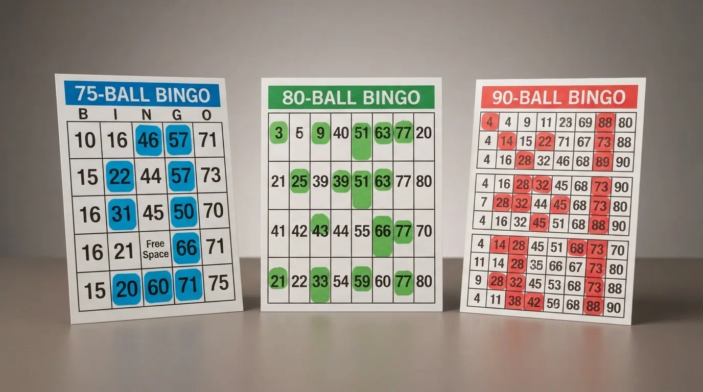 Drie verschillende bingokaarten: een 75-ball, een 80-ball en een 90-ball kaart met getallenroosters