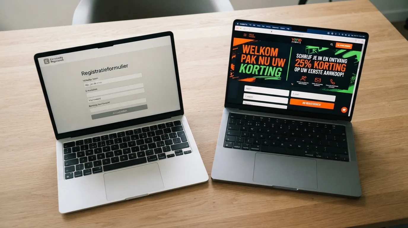 Een Belgisch casinoregistratiescherm zonder welkomstbonusveld, met daarnaast een uitgelijnd Nederlands casino waar de bonusbanner wél prominent aanwezig is
