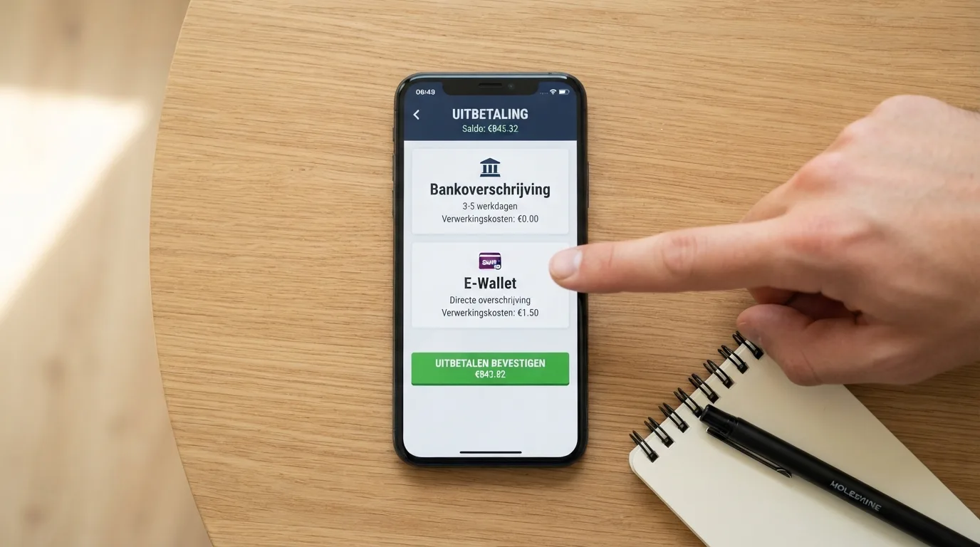 Een uitbetalingsscherm met de opties bankoverschrijving en e-wallet, zonder CashtoCode