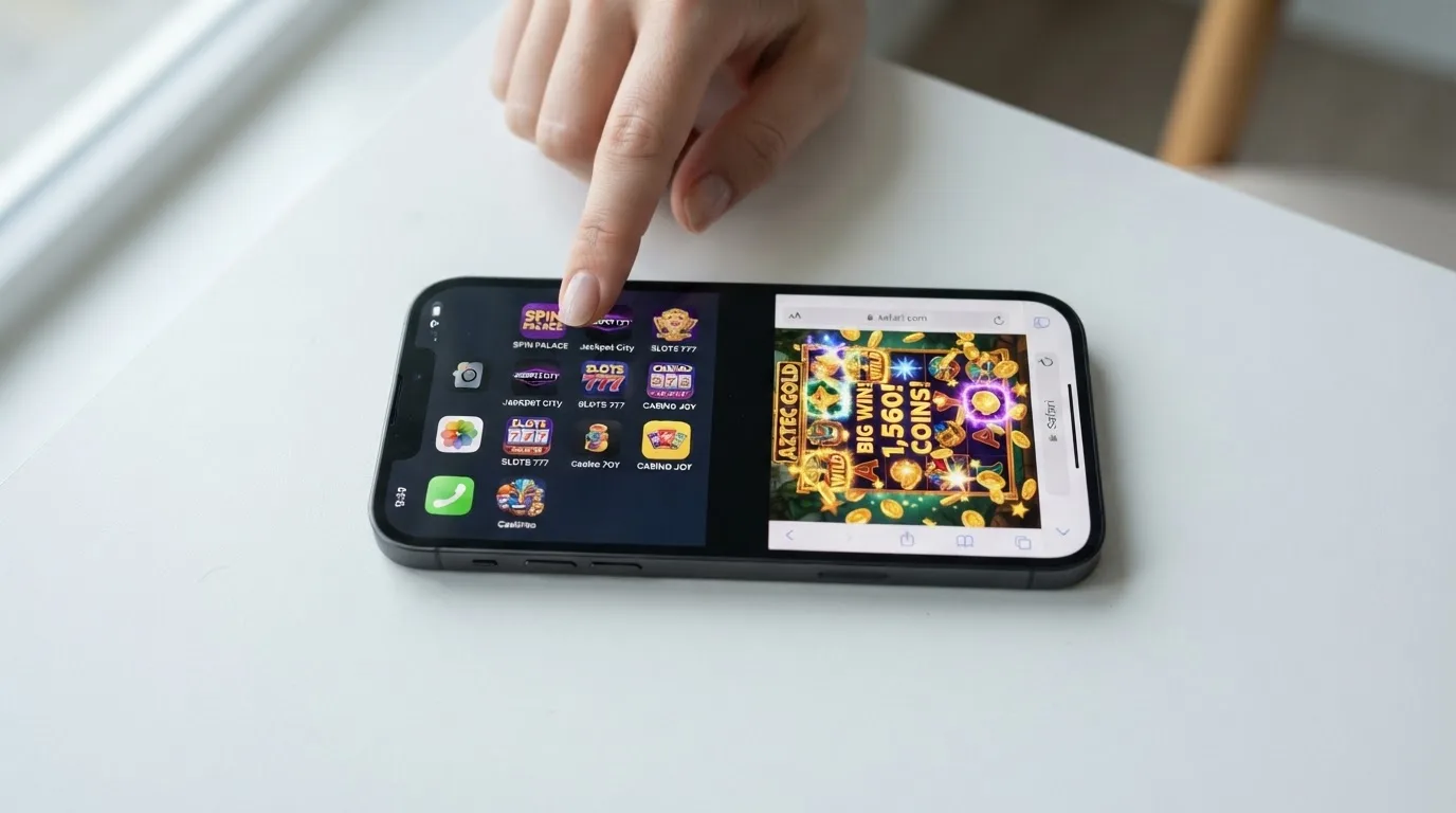 Een split-screen: links een smartphone met een casino-app-pictogram op het beginscherm, rechts dezelfde telefoon met een mobiele casino-website in de browser — beide tonen dezelfde gokkast
