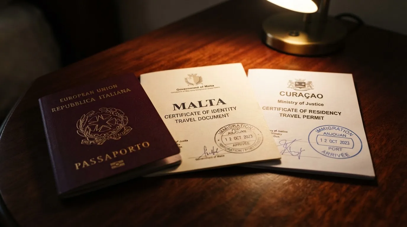 Drie paspoorten op een rij: een Nederlands paspoort naast documenten met de opdruk Curaçao, Malta en Anjouan, geordend op een houten tafel