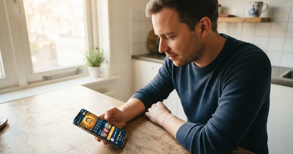 Een Nederlandse speler kijkt op zijn telefoon naar de homepage van een online casino, met in de footer duidelijk het KSA-keurmerk zichtbaar