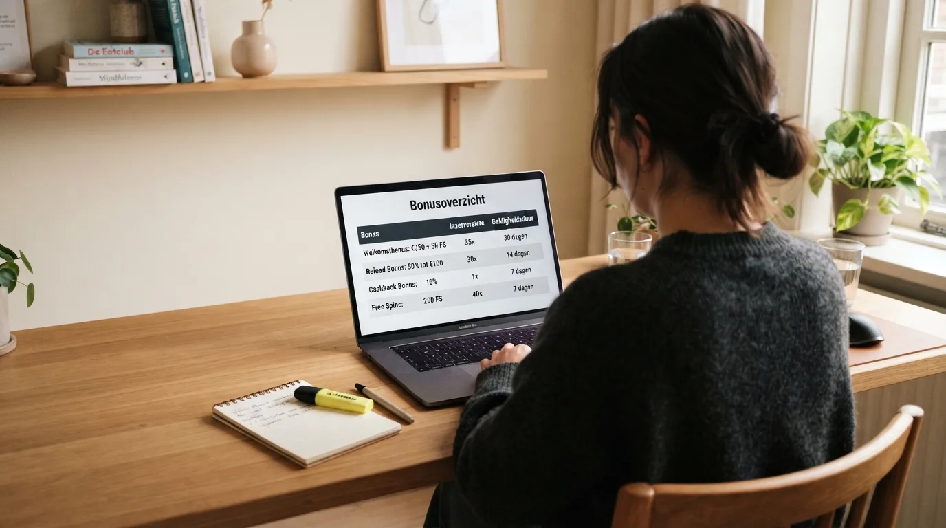 Een overzichtelijke vergelijkingstabel op een laptopscherm met rijen casino's en kolommen zoals bonusbedrag, rondspeelvoorwaarde en geldigheid, met een markeerstift naast het scherm.