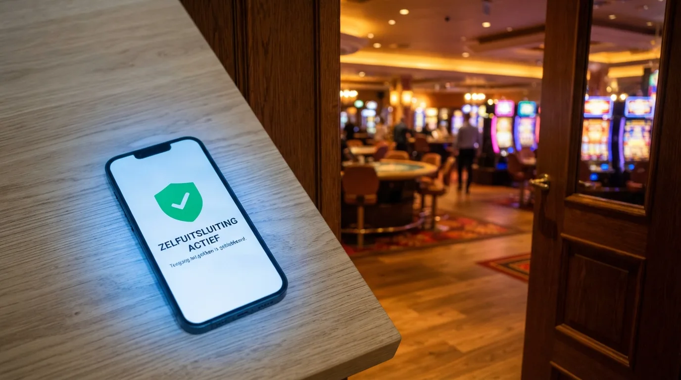 Een smartphone toont het CRUKS-register-inschrijfformulier, met daarnaast een open deur die naar een buitenlands casino leidt