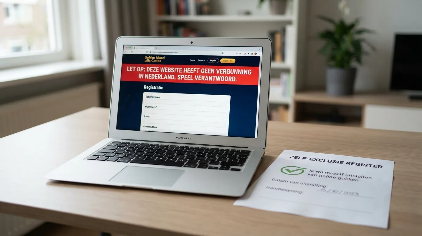 Een waarschuwingsscherm bij een buitenlands casino, naast het Cruks-register