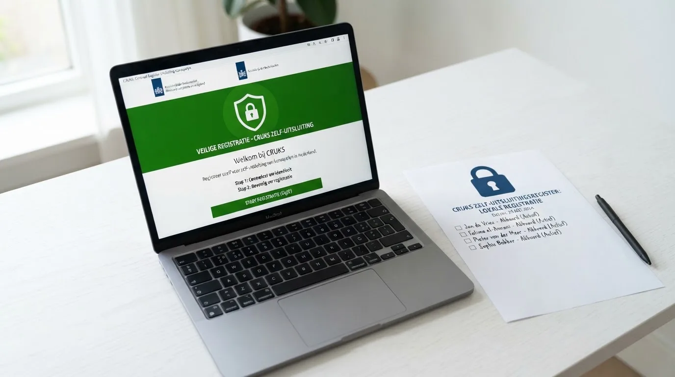 Een laptopscherm met de homepage van de Kansspelautoriteit, met daarnaast een visuele weergave van een afgeschermd register met een slot-icoon