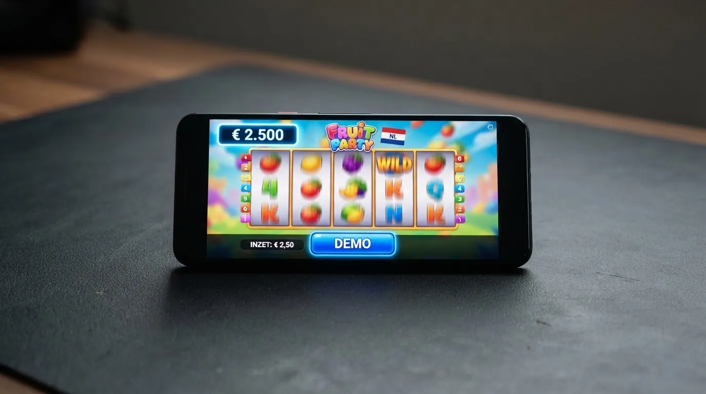 Een online gokkast in demo-modus met een virtueel saldo van 2.500 munten, de demo-knop is blauw gemarkeerd en de rollen draaien