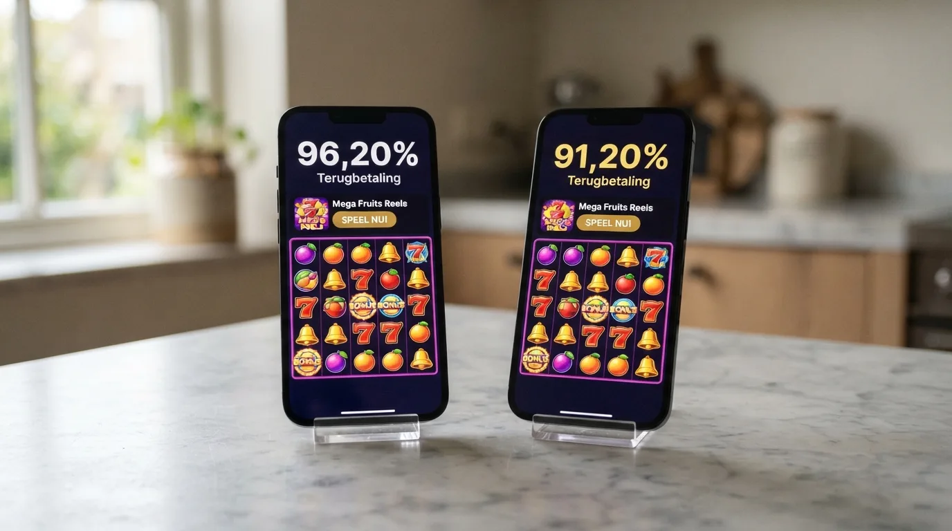 Eenzelfde gokkast getoond op twee verschillende schermen naast elkaar, met verschillende RTP-percentages — bijvoorbeeld 96,20% links en 91,20% rechts