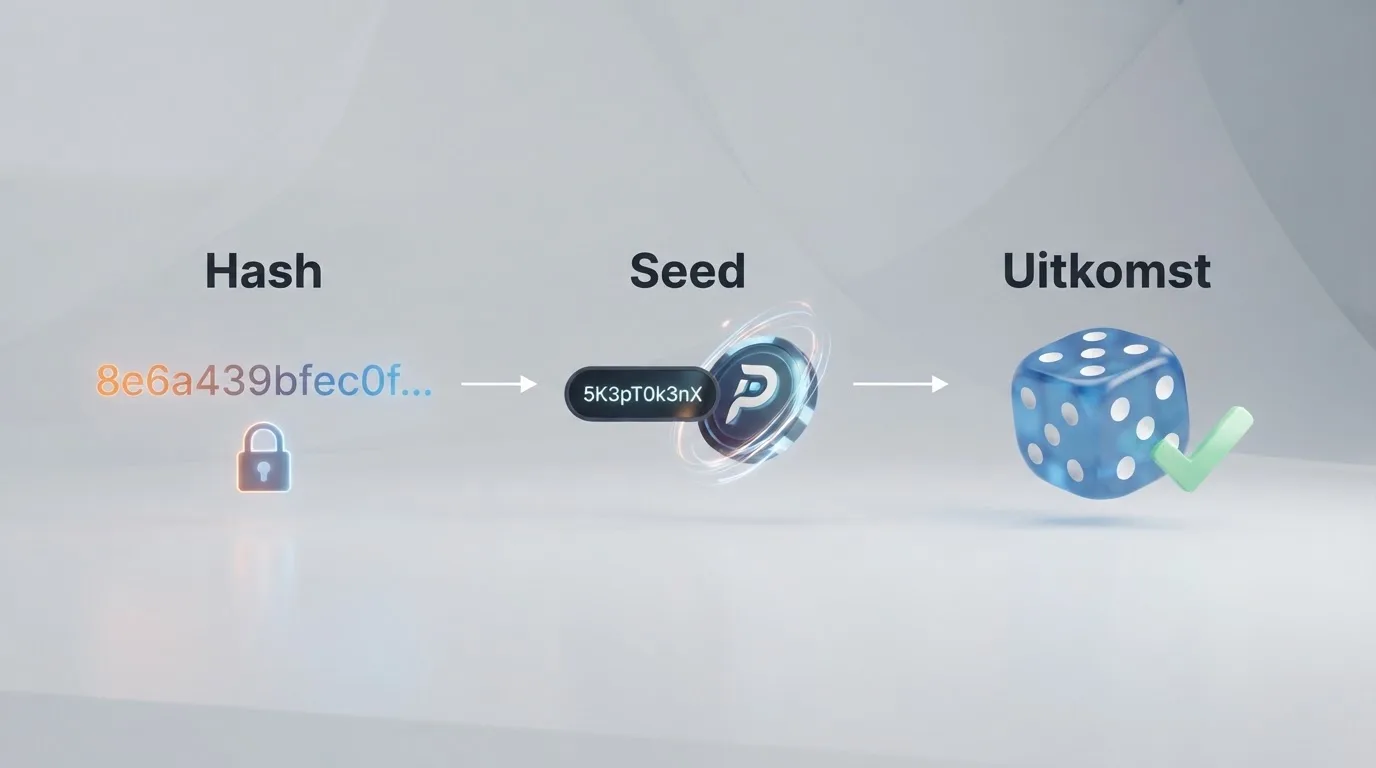 Een schematische weergave van het provably fair-verificatieproces: hash, seed en uitkomst, in drie stappen naast elkaar
