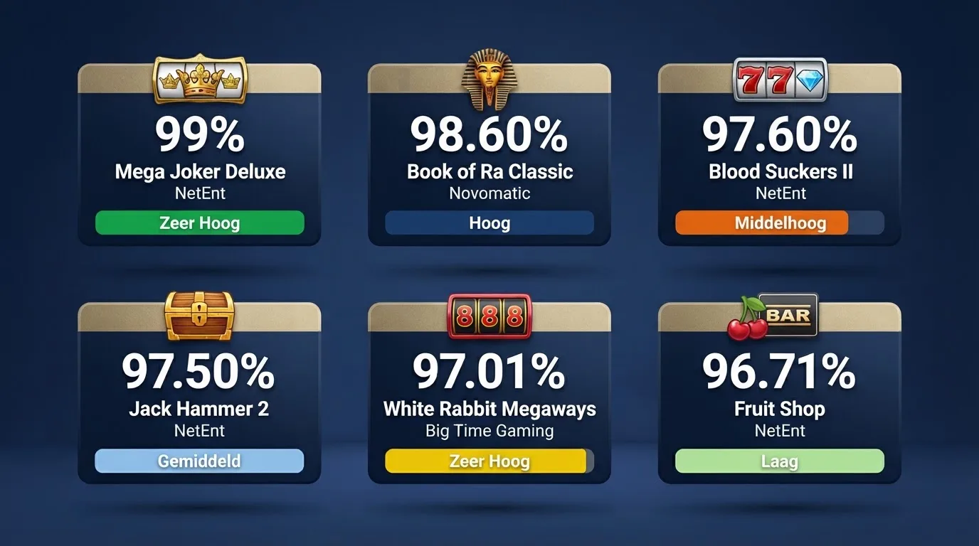Een overzichtelijk raster van zes populaire online gokkasten met hun RTP-percentages, spelproviders en volatiliteit in een vergelijkende opstelling