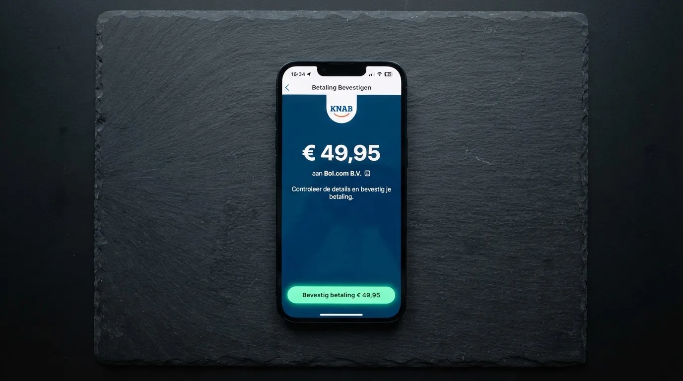 Een iDEAL-betaalscherm in een bankapp met een bedrag en een bevestigknop
