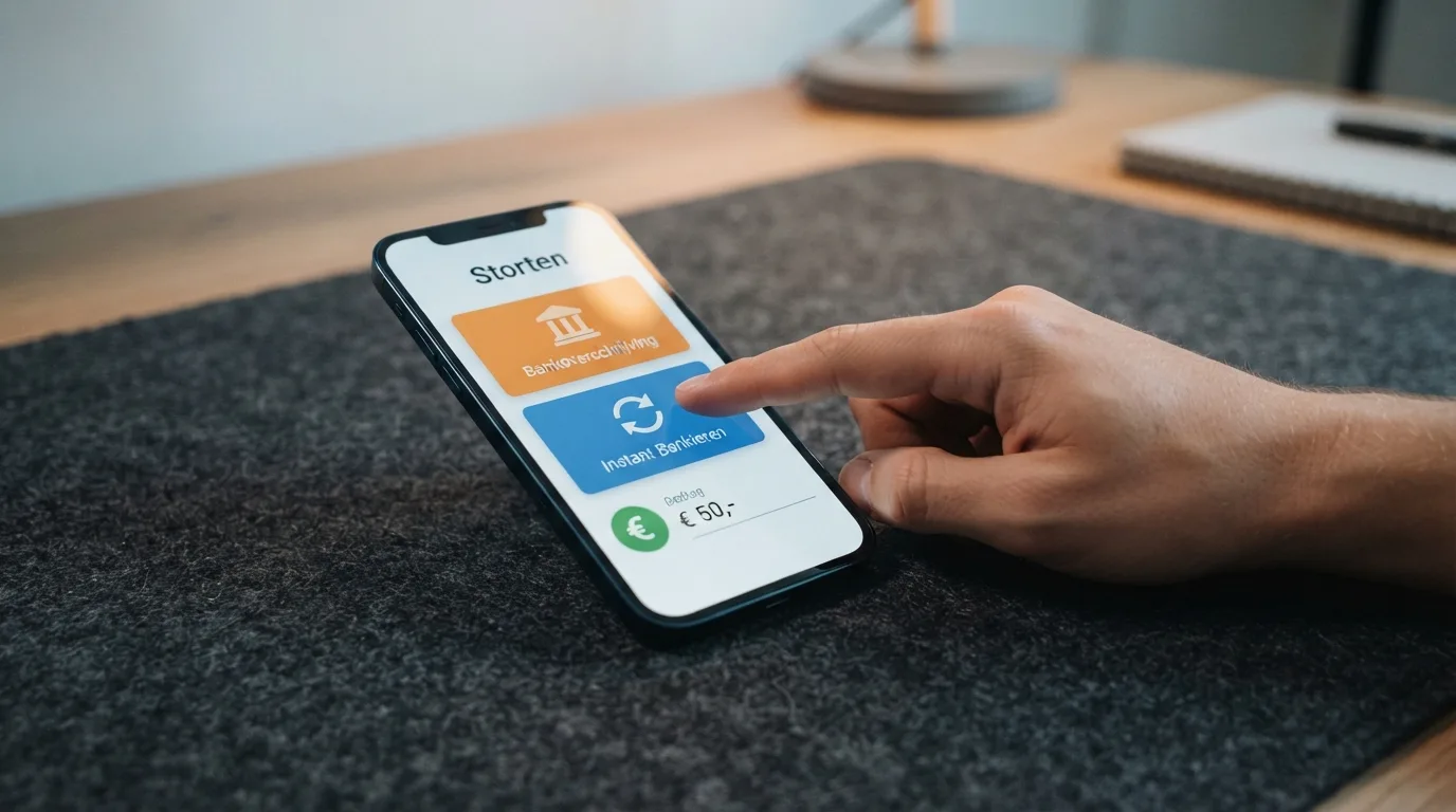 Een smartphone met het betaalscherm van een online casino waarop iDEAL en Wero als betaalopties getoond worden
