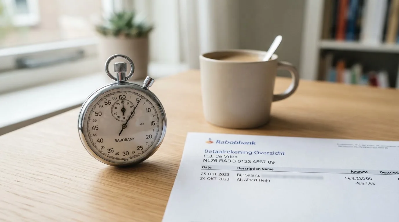 Een stopwatch naast een bankafschrift met een zojuist ontvangen uitbetaling