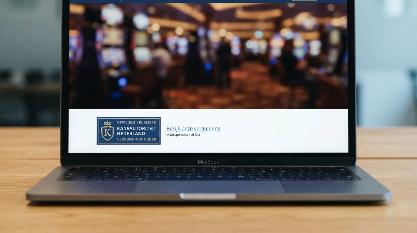 Close-up van een websitefooter met het officiële Kansspelautoriteit-keurmerk en de klikbare link ernaast