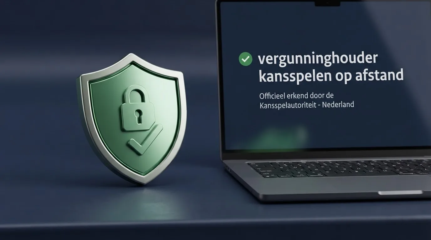 Het logo van de Kansspelautoriteit op een scherm, naast een slot met daaronder de tekst “vergunninghouder kansspelen op afstand” en een groen vinkje.