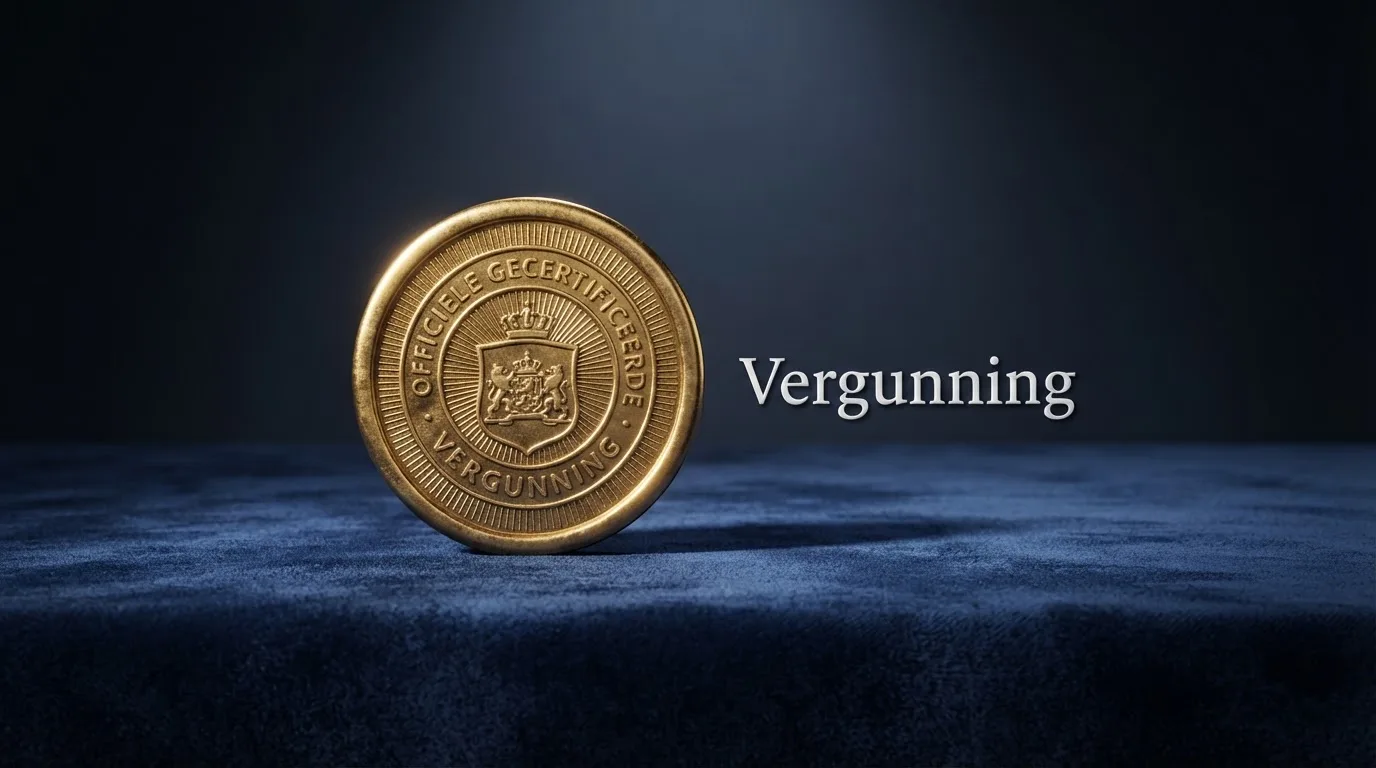 Het logo van de Kansspelautoriteit naast het woord 'Vergunning' op een donkere achtergrond die vertrouwen uitstraalt.