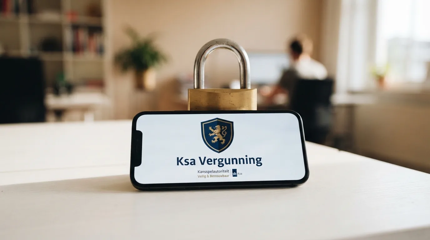 Een Nederlands casino-keurmerk en het Ksa-logo op een telefoonscherm, met op de achtergrond een slot dat een bankoverschrijving beveiligt