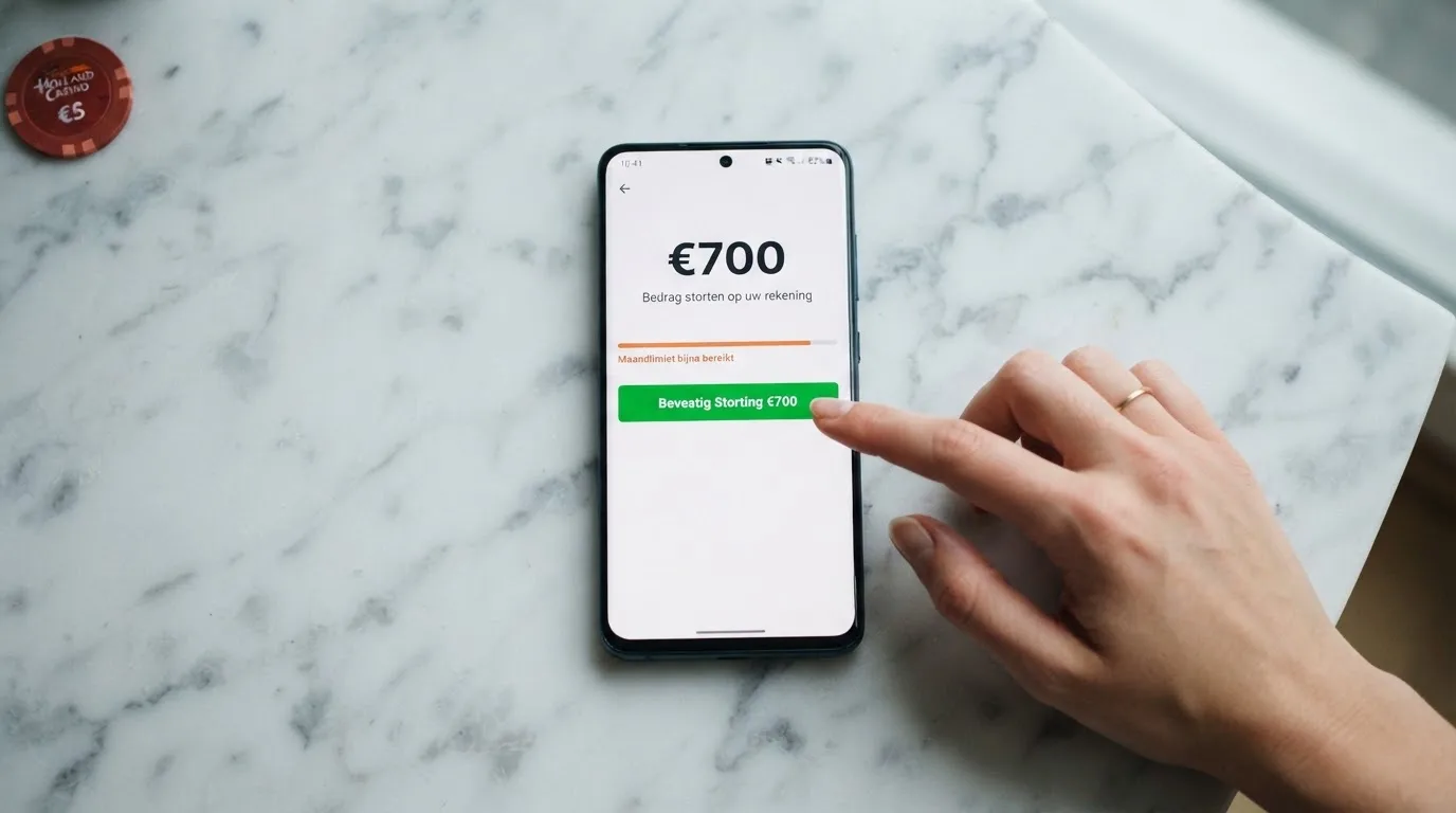 Een stortingsscherm met een maandlimiet van 700 euro en een bevestigingsknop
