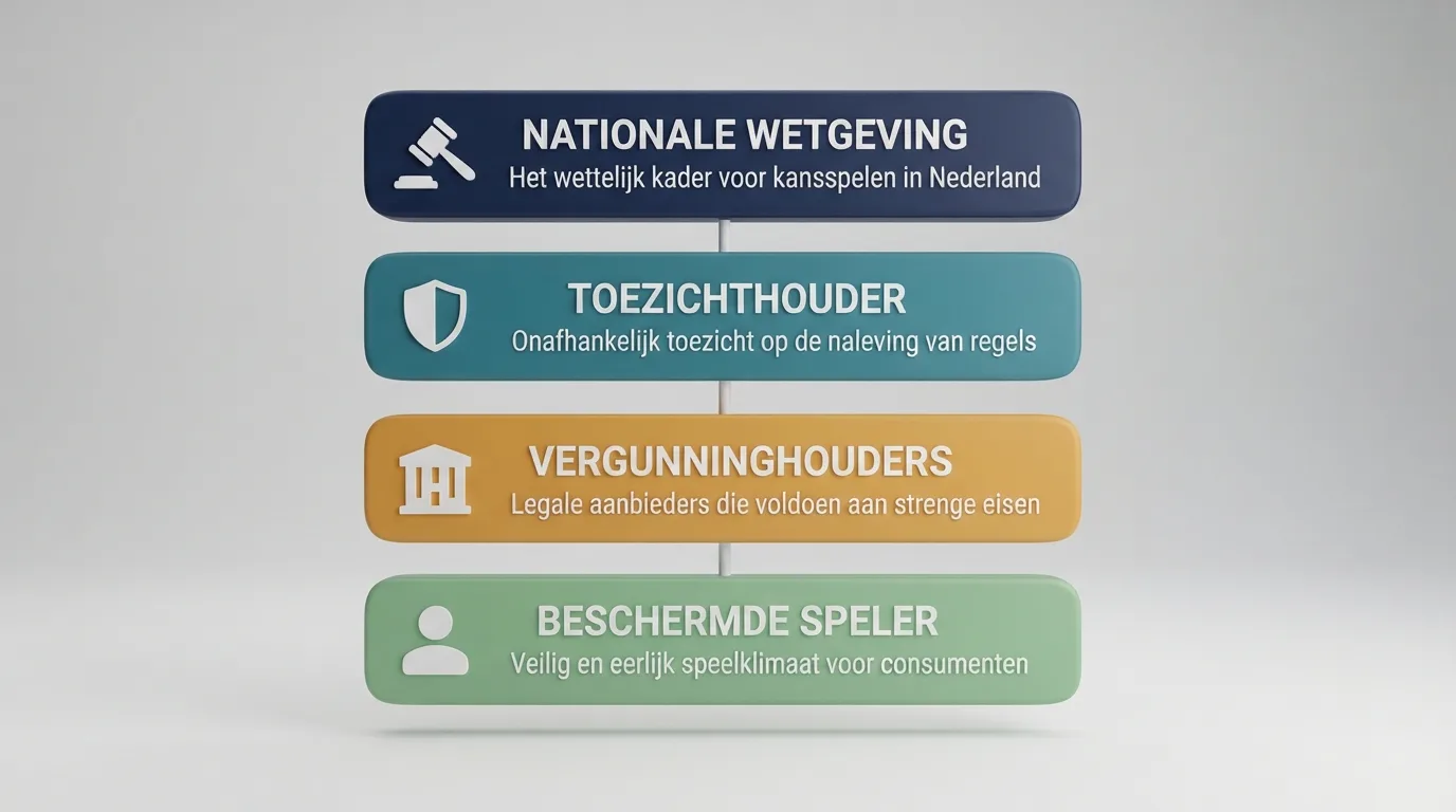 Een overzichtelijke infographic die de gelaagde structuur van het Nederlandse kansspeltoezicht toont: Wet Koa, Ksa, vergunninghouders en de speler als beschermde partij