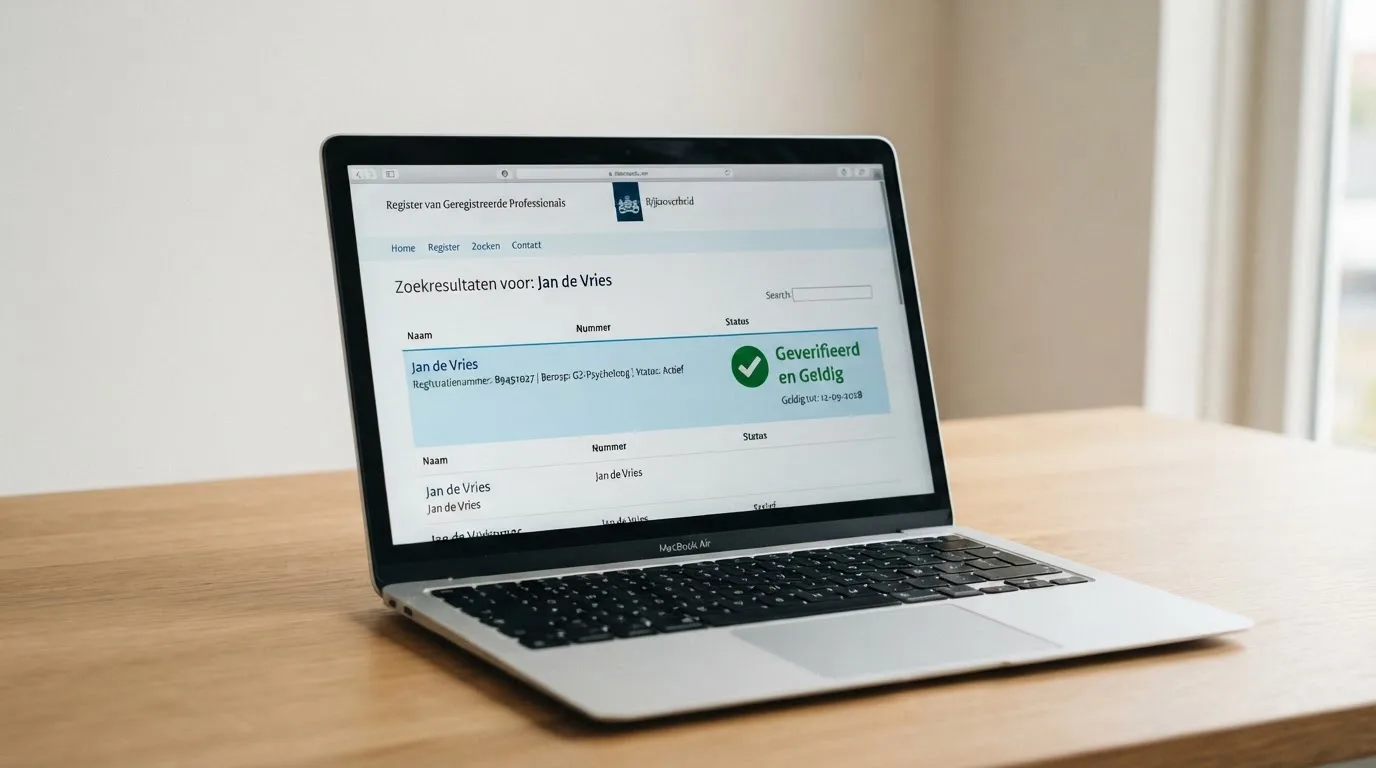 Een laptopscherm met het vergunningenregister van de Kansspelautoriteit en een vinkje bij een casino