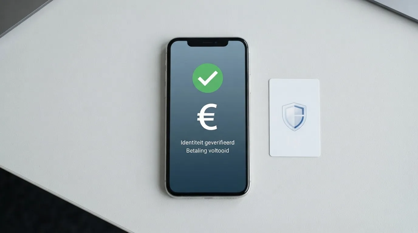 Een telefoon met het Ksa-logo en een iDEAL-betaalscherm naast de woorden “iDIN” en “Cruks” — de verificatieketen visueel gemaakt