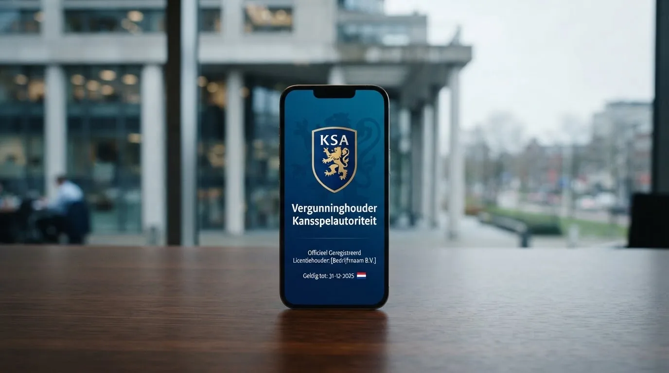 Een smartphone met daarop het Ksa-logo en de tekst 'Vergunninghouder Kansspelautoriteit', met op de achtergrond het gebouw van de Kansspelautoriteit in Den Haag