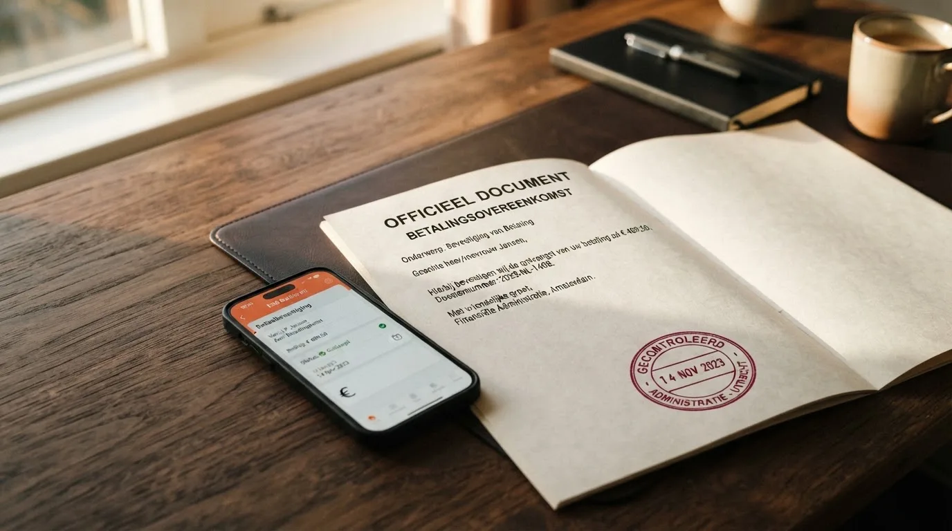 Vergunningsdocument met Nederlandse stempel naast een smartphone met bankapp