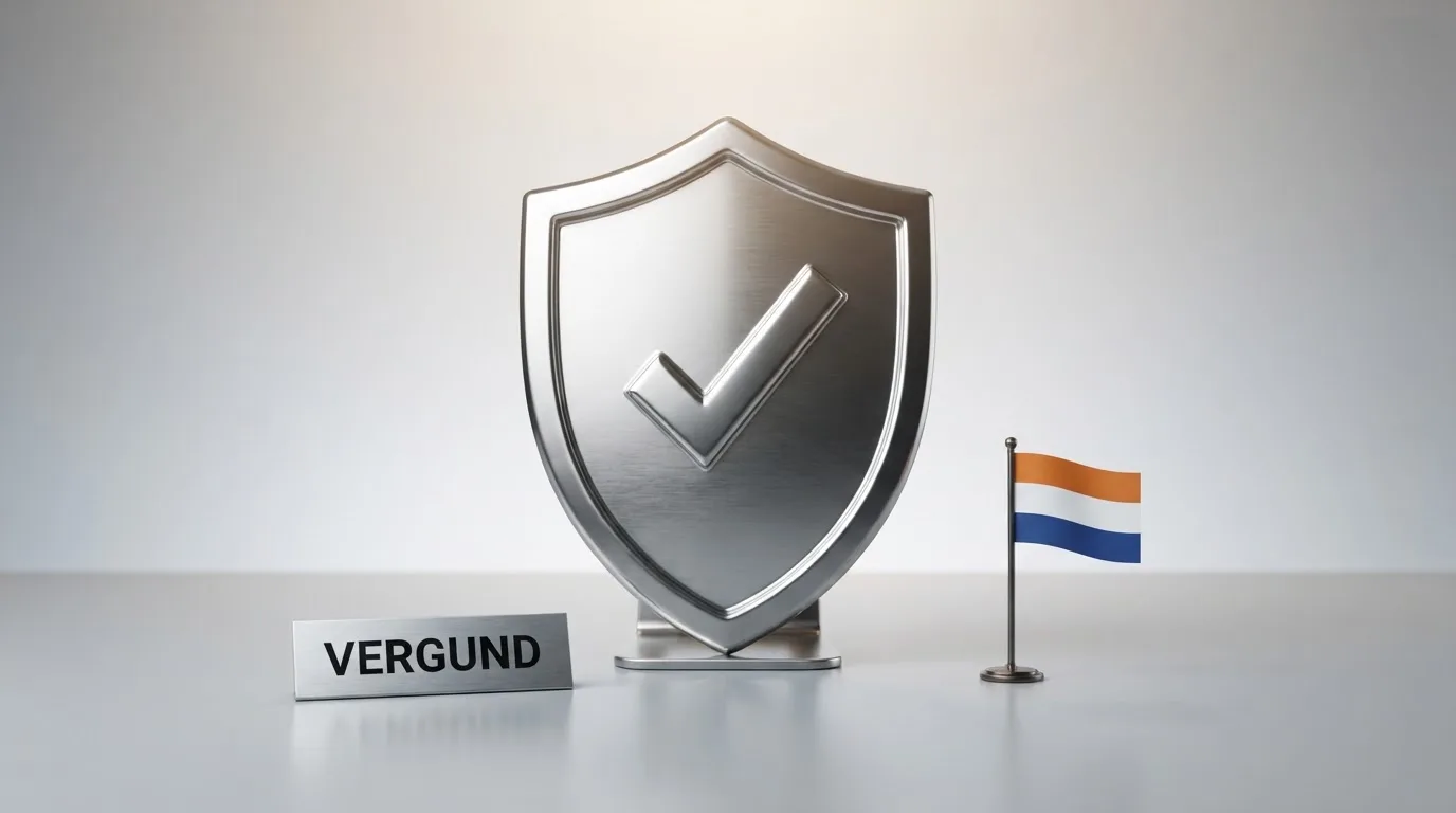 Het logo van de Kansspelautoriteit op een beeldscherm, naast een Nederlandse vlag en de tekst “Vergund” in het Nederlands