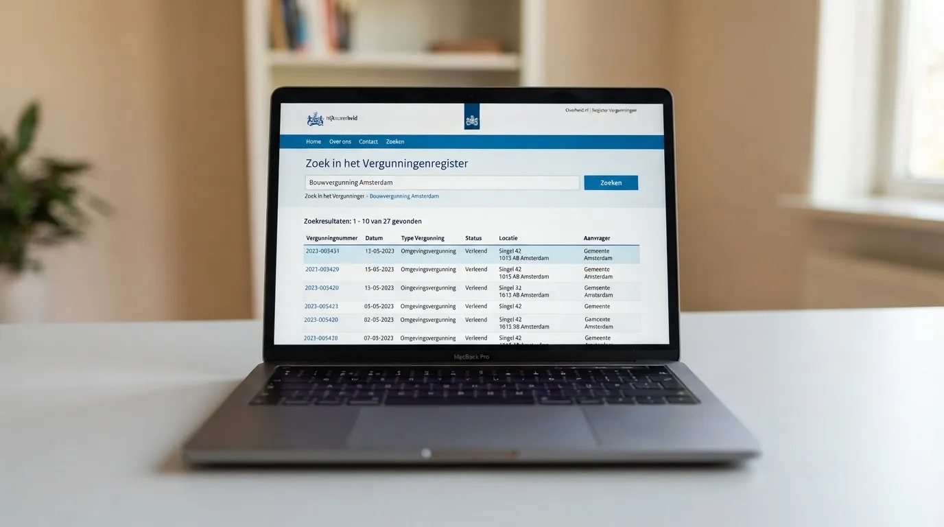 Een screenshot van het openbare vergunningenregister op de website van de Kansspelautoriteit, met een uitgelicht vergunningnummer en de zoekbalk zichtbaar