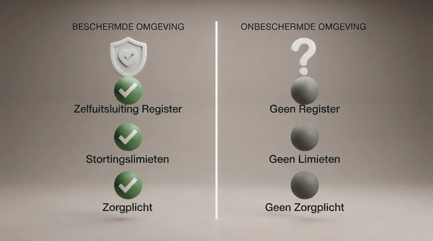 Een splitscreen: links een KSA-logo met vinkjes bij Cruks, limieten en zorgplicht — rechts een vraagteken bij dezelfde drie criteria onder een 'offshore'-label
