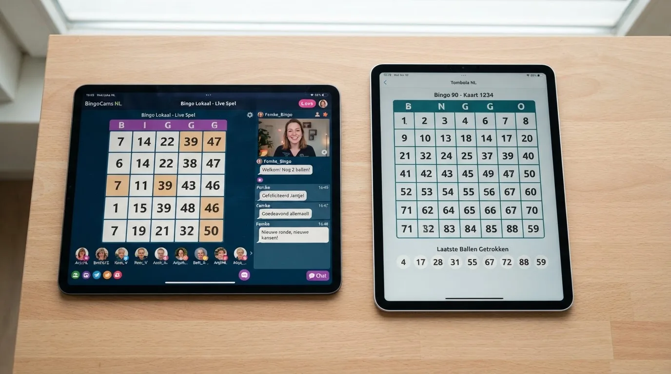 Twee bingokamers naast elkaar: één met Nederlandstalige chathosts en één met alleen bingokaarten