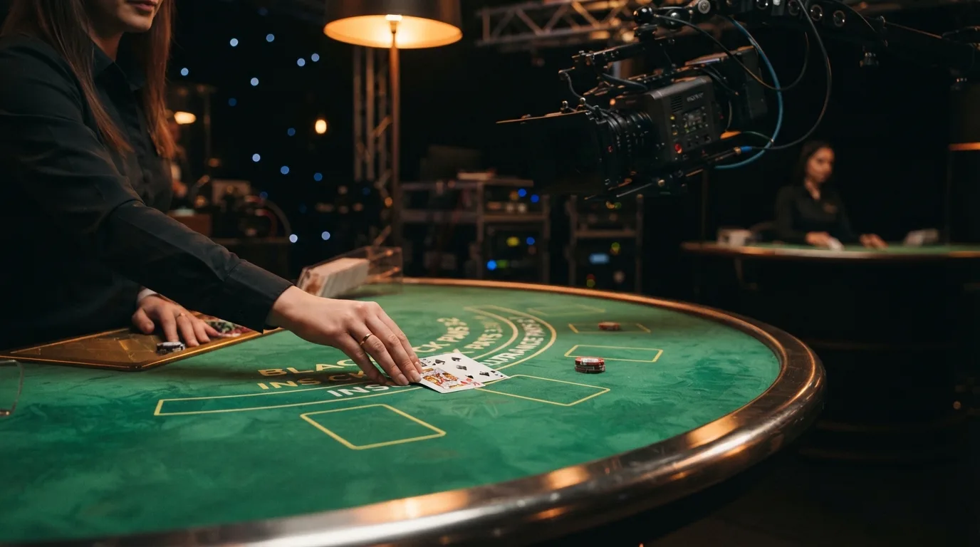 Een live-dealer aan een blackjacktafel in een professionele studio, close-up van de kaarten op het groene laken