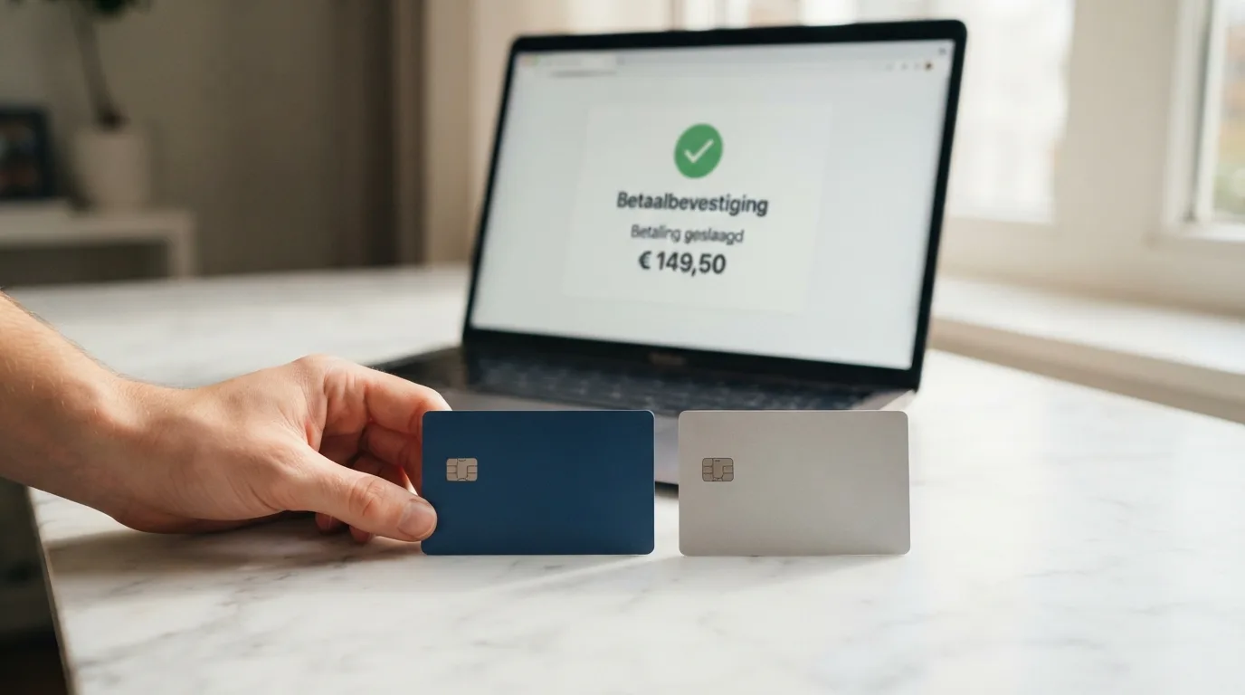 Een Nederlandse bankpas (Debit Mastercard) naast een creditcard, met op de achtergrond een laptopscherm met een casino-stortingsbevestiging.