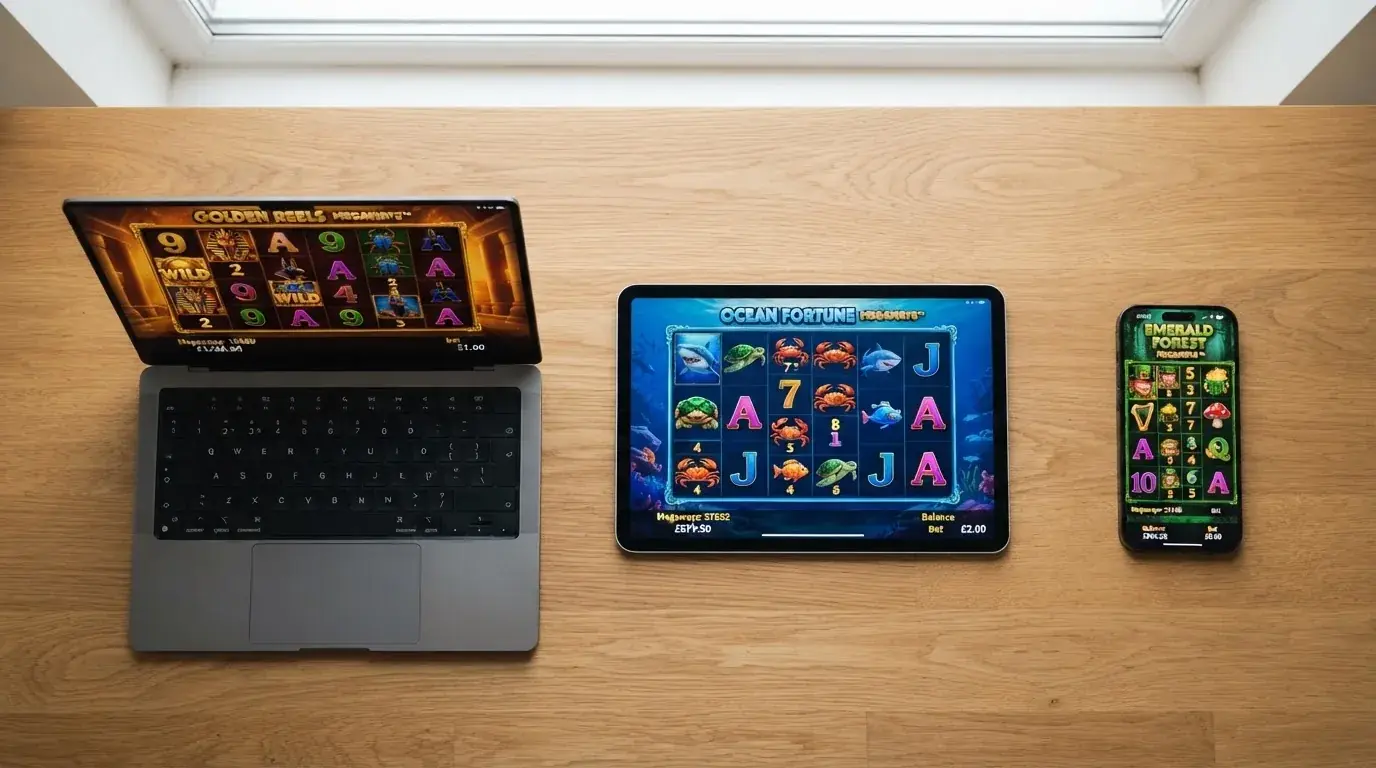 Overzicht van Nederlandse casino-interfaces met Megaways-slots naast elkaar, elk met een andere bonusbadge