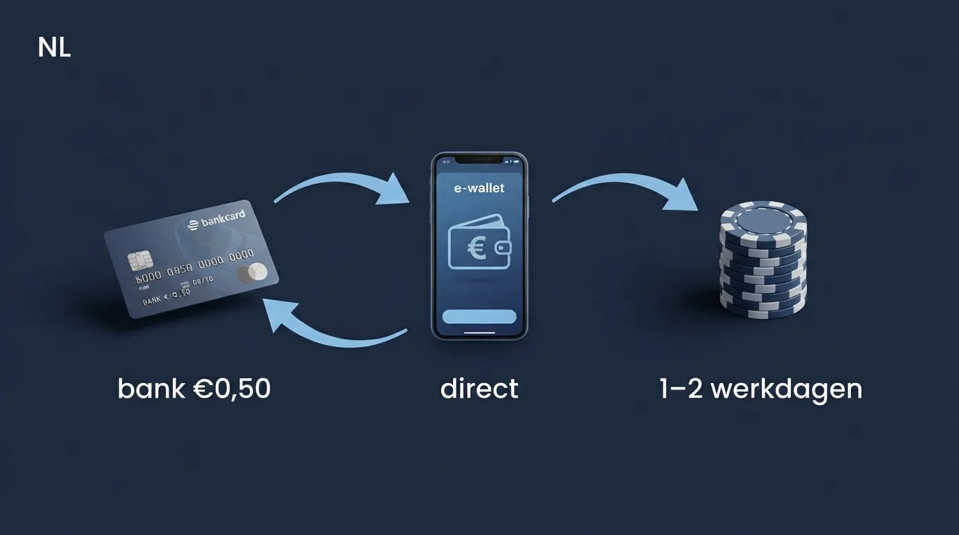 Een visueel stappenschema van bankrekening naar MiFinity-wallet naar casino en terug, met tijdsindicaties per stap en de belangrijkste kostenposten uitgelicht.