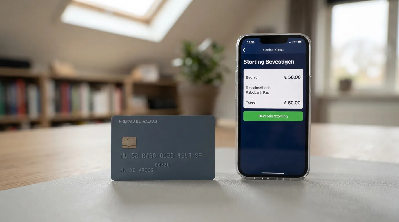 Een MuchBetter prepaid Mastercard naast een smartphone met de MuchBetter-app en een geopend casino-kassascherm