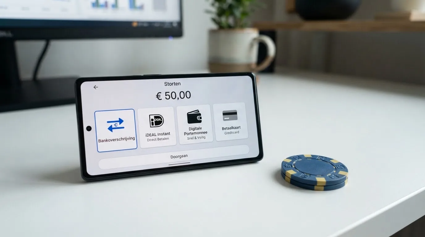 Een overzichtelijke rij van betaalmethoden — iDEAL, Trustly, PayPal, creditcard — naast een Nederlands casino-stortingsscherm