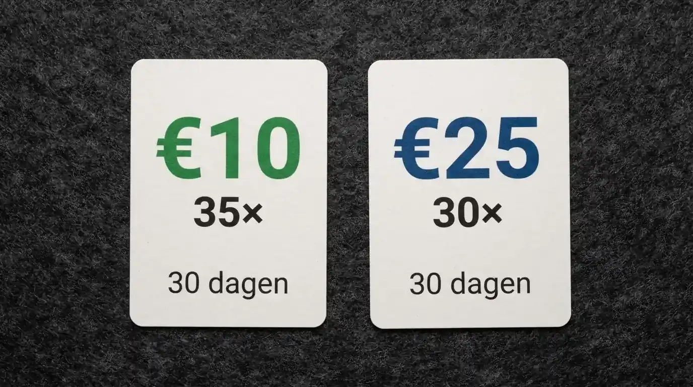 Twee bonusvoorwaardenkaarten van OneCasino en Kansino naast elkaar met bedragen, inzetvereisten en looptijden zichtbaar uitgelijnd