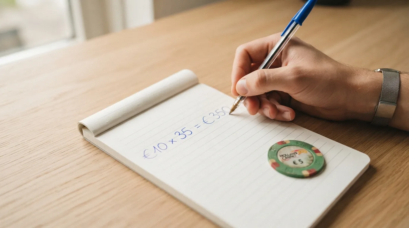 Een rekenvoorbeeld op papier laat zien hoe een tegoed van tien euro met een 35x inzetvereiste uitpakt.