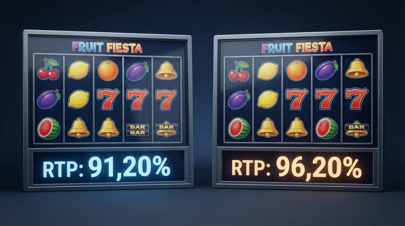 Twee vensters van dezelfde online gokkast naast elkaar, met verschillende RTP-waarden (91,20% en 96,20%) in contrasterende kleuren gemarkeerd