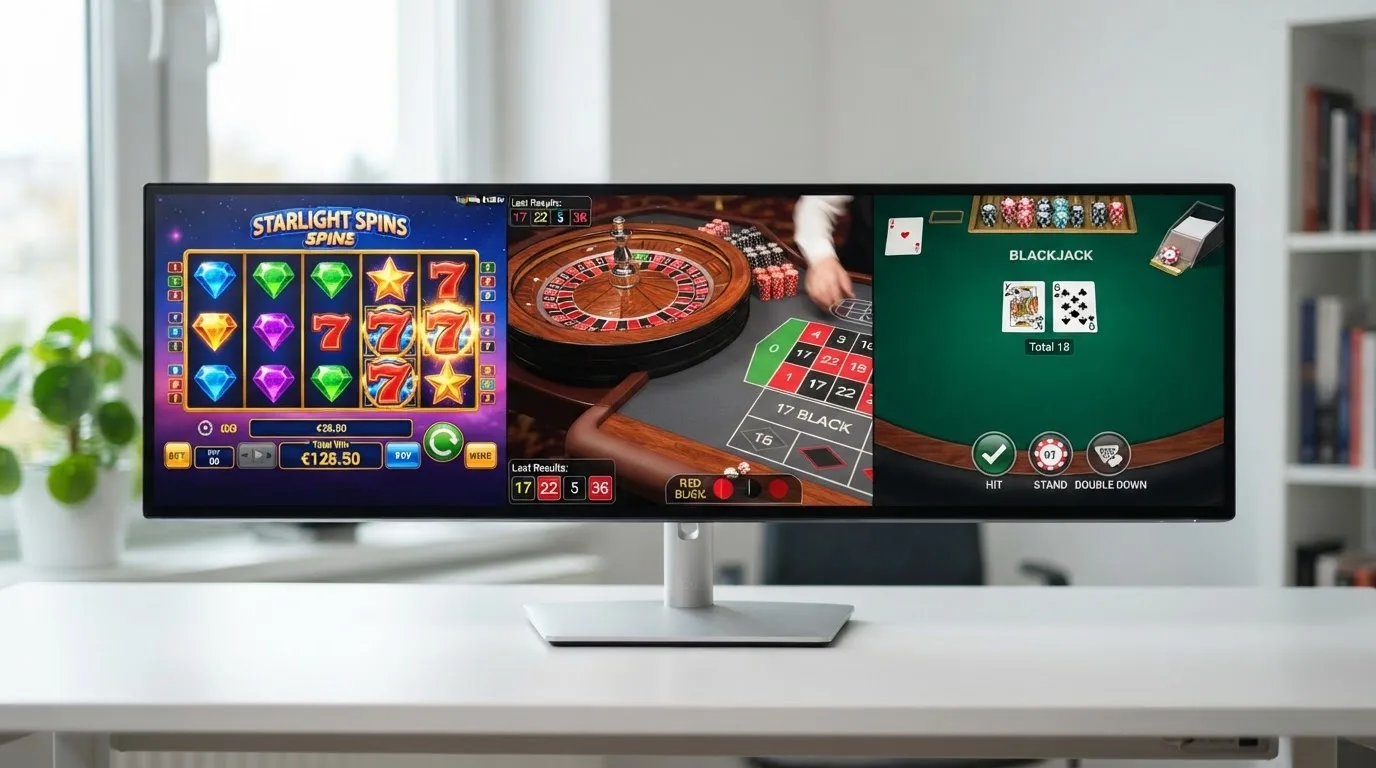 Drie verschillende casinospellen naast elkaar op een scherm: links een videoslot met felle kleuren, midden een roulettewiel, rechts een blackjack-hand met kaarten