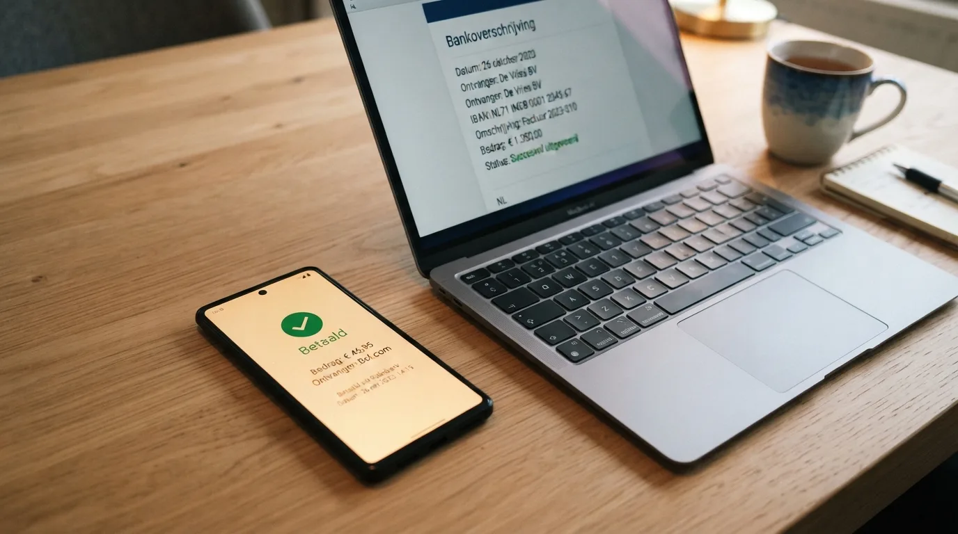 Een smartphone met een iDEAL-betalingsscherm naast een scherm met een bevestigde bankoverschrijving