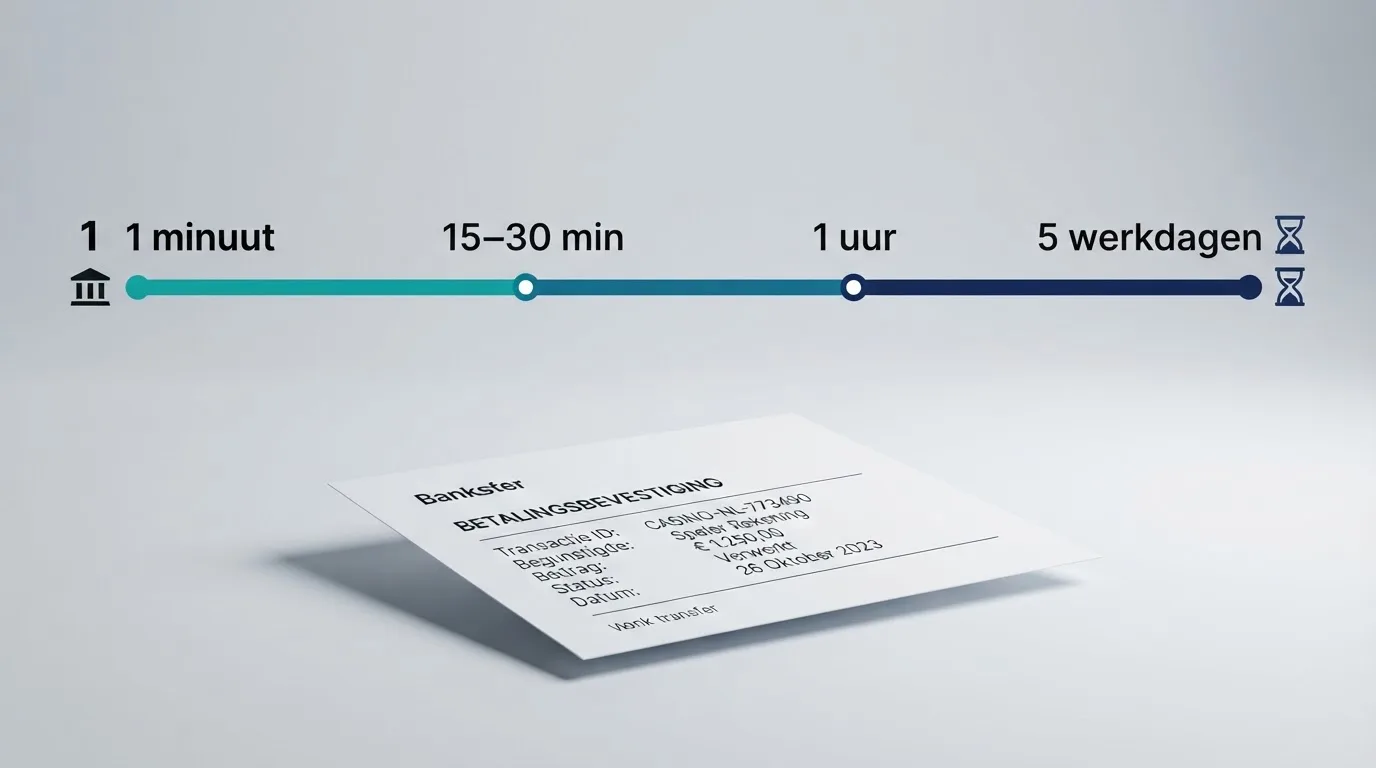 Een tijdlijn-diagram dat de uitbetalingssnelheid van verschillende casino's toont, van minuten tot werkdagen, met een bankoverschrijving-bevestiging op de voorgrond
